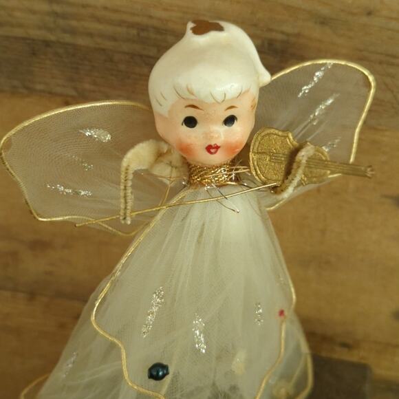 Vintage 1950s Kitschy Holt-Howard Tulle Porcelain Angel Playing Violin - Picture 7 of 10
